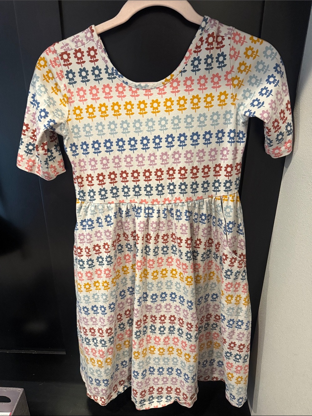 Hanna Andersson White Knit Dress with Yellow, Blue, Pink and Red Floral Rows